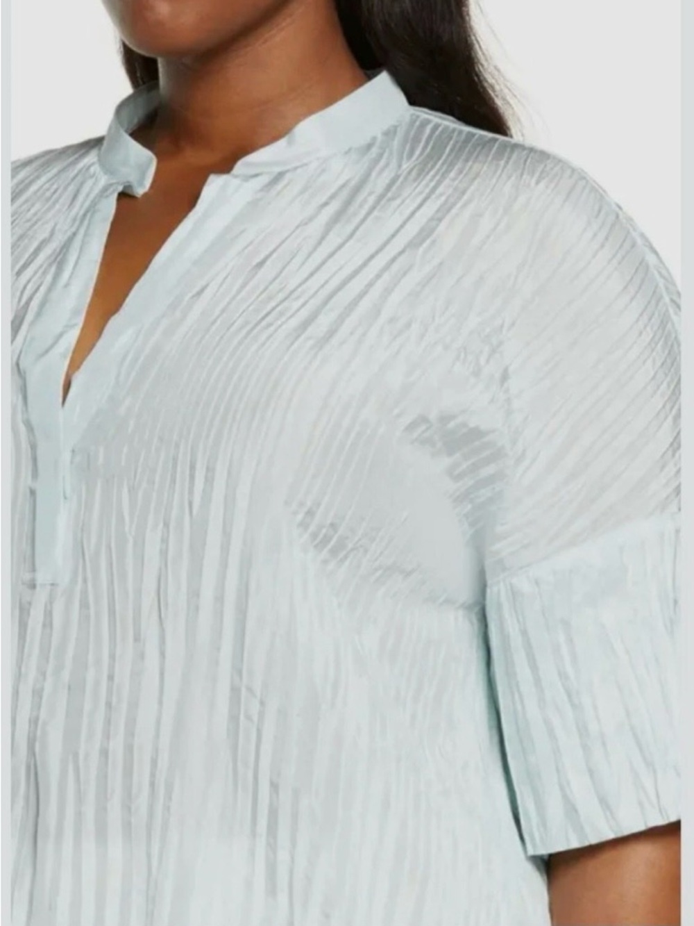 Vince Silk Sky Blue Pleated Split-Neck Textured Blouse - Picture 3 of 10